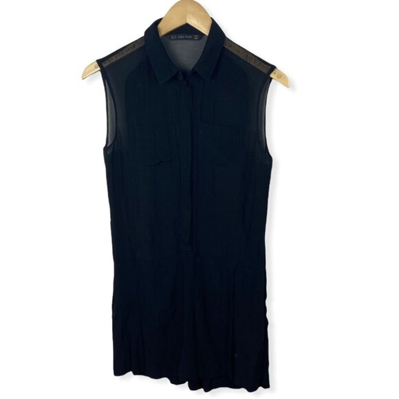 Zara Playsuit Black Button Front Romper Pockets Size XS Minimalist Sheer Minimal - Picture 3 of 15